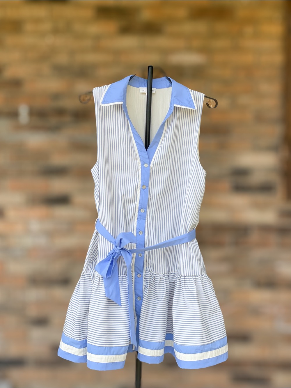 Entro Large Blue White Striped Sleeveless Belted Drop Waist Mini Dress